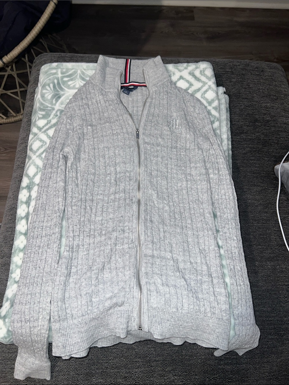 Tommy Hilfiger Light Gray Cable Knit Zip-Up Sweater